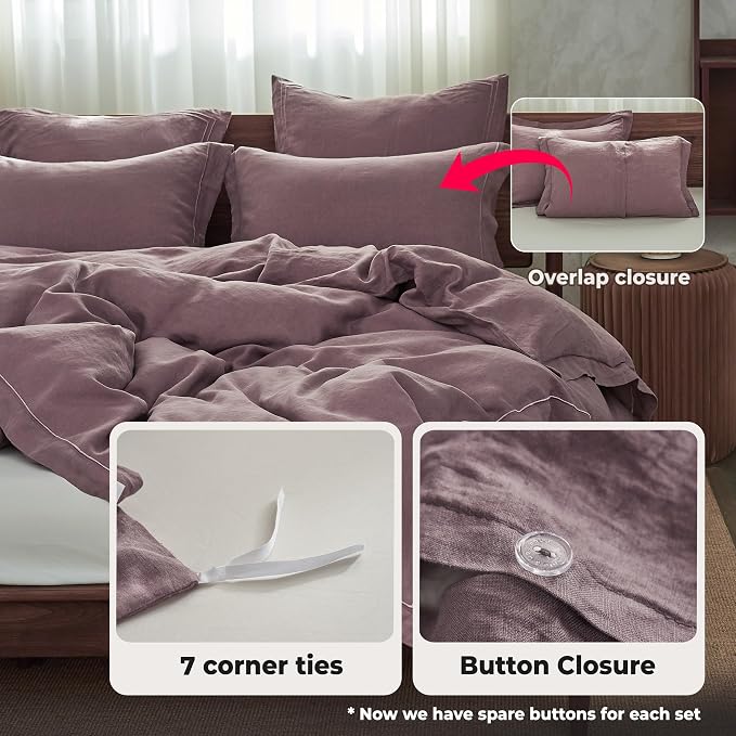 Simple&Opulence 100% Washed Linen Duvet Cover with Embroidered, 3 Pieces Soft Farmhouse Comforter Set with Button Closure,1 Duvet Cover and 2 Pillowshams(King,Purple)