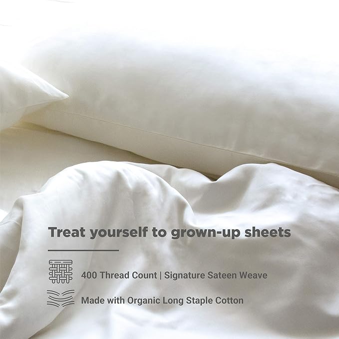 Fabdreams 100% Organic Cotton Twin Size Sheet Set | 400 Thread Count Sheet Set | GOTS Certified | Long Staple Cotton | Upto 17" Elasticised Deep Pockets | Soft Silky Shiny | Ivory
