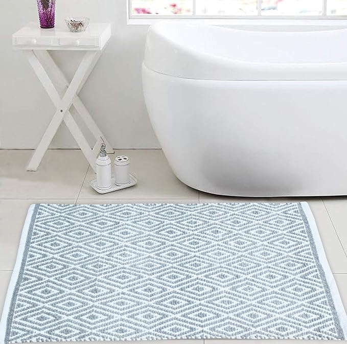 Ramanta Home 100% Cotton Diamond Handwoven Reversible Rug 21x34 Inch– Grey| Soft Washable Area Rug for Bathroom, Kitchen, Bedroom, Entryway | Durable Lightweight Handmade Accent Floor Mat | Boho Décor