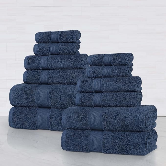 Superior Oregon Organic Cotton 12 Piece Towel Set, Heavyweight Towels for Bathroom Daily Use, Absorbent, Plush Eco-Friendly Bath Essentials, Includes 4 Bath, 4 Hand, 4 Face Towels, Navy Blue