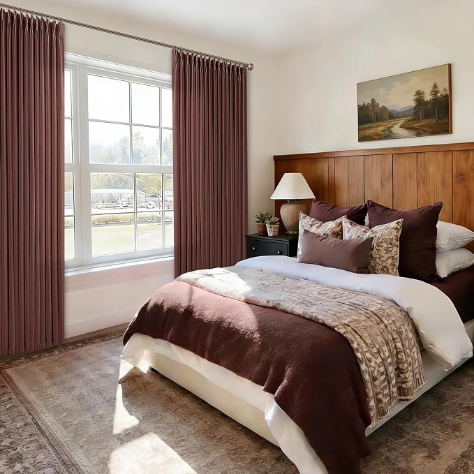 Thick Linen Pinch Pleat Curtains 86 Inches Length 2 Panels Chestnut Brown Rustic Memory Trained Semi Sheer Privacy Back Tab Window Drapes 50 Inch Wide Rust Red Brick Curtain for Living Room Bedroom