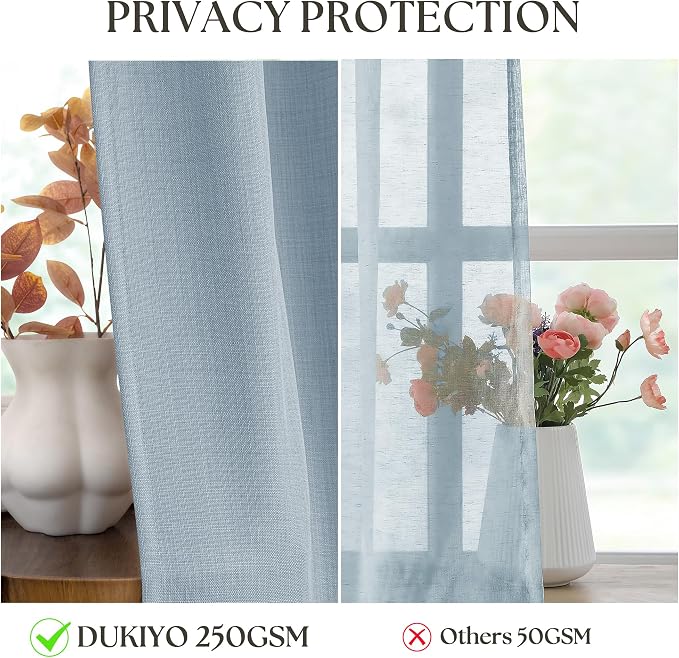 Light Blue Living Room Curtains 63 Inch Length 2 Panels Set Flax Linen Semi Sheer Non See Through Privacy Bronze Grommet Drapes Modern Coastal Boho Stone Blue Window Curtains for Girls Bedroom