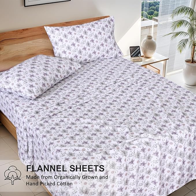RUVANTI Flannel Sheets King Size - GOTS Certified 100% Organic Cotton, 4 Piece Warm, Soft & Breathable Set, Deep Pocket Snug Fit, Double Brushed Cozy All Season Bedding, Fir Affection