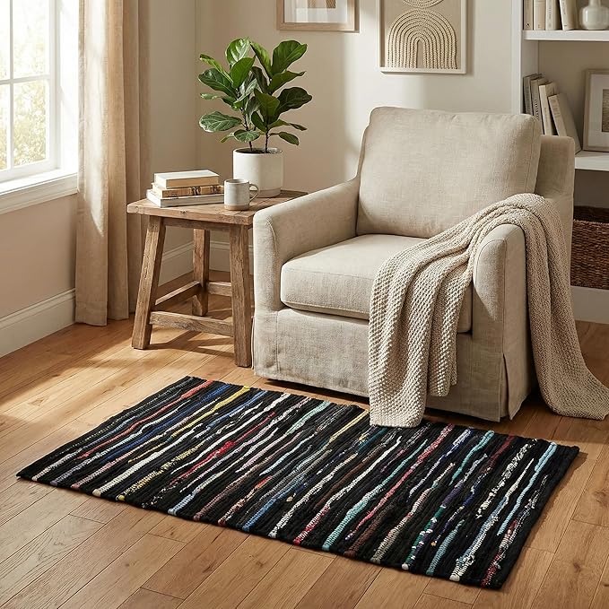 Cotton Hosiery Hand Woven Area Rug 2x3 Feet - Dark Multi, Accent Decorative Farmhouse Reversible Throw Indoor Carpet Ideal for Entryway, Kitchen, Laundry | Black Small Soft Floor Mat for Nursery