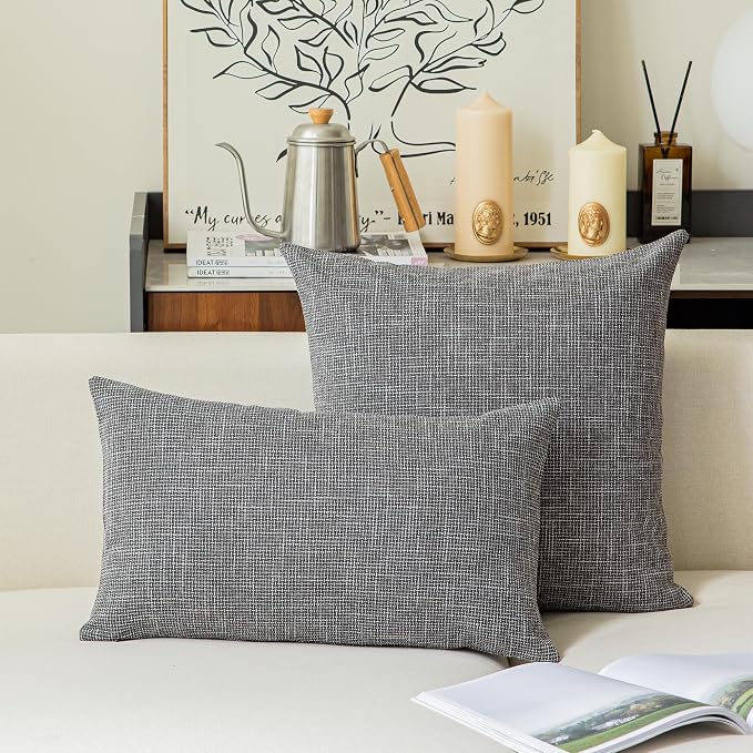 Kevin Textile Square Throw Pillow Cover, Linen Soft Cushion Covers, 24" x 24" Farmhouse Pillowcase, Home Decor Decorations for Sofa Couch, Set of 2, Dark Grey