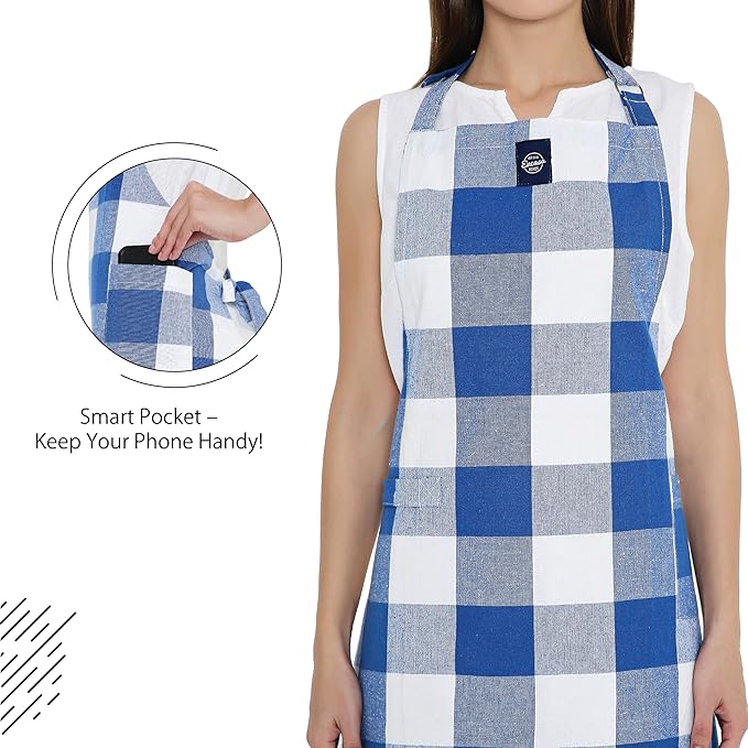 Encasa XO Cotton Kitchen Aprons for Women & Men with Pocket & Towel Loop, Adjustable Neck & Back Strap for Cooking, Baking