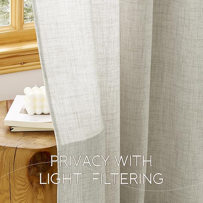 NICETOWN Natural Linen Curtains 96 Inch Length for Living Room 2 Panels, Farmhouse Light Filtering Semi Sheer Curtain Grommet Top Linen Textured Window Drapes for Bedroom, 52" W x 96" L