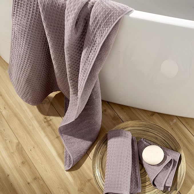 UCHINO Waffle Twist Cotton Weave Washcloth Towel for Bathroom Lightweight Absorbent Quick Dry Honeycomb Texture Solid Terry Loop Reverse 13" x 13", 1 Wash Cloth, Orchid Purple