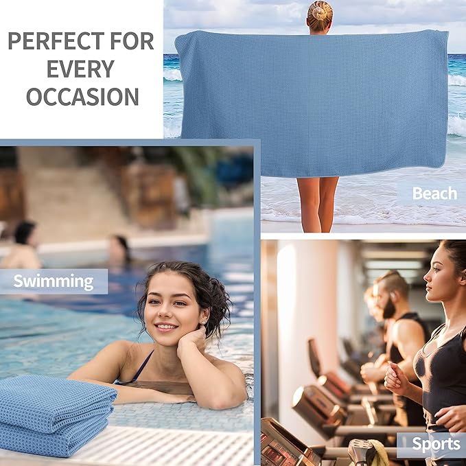 MICROFI New Microfiber Waffle Bath Towels, 2 Pieces, Oversized, Soft, Absorbent, Fast Drying, Lint Free 430 GSM (Blue)