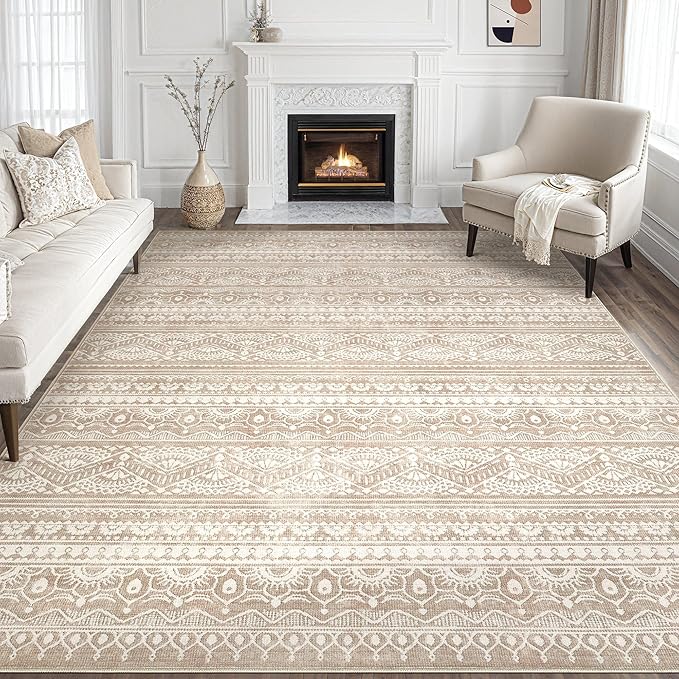 Tortania Area Rug Living Room Rugs - 8x10 Washable Large Soft Neutral Boho Moroccan Bohemian Farmhouse Rug Indoor Floor Carpet for Bedroom Under Dining Table Home Office Decor - Light Brown