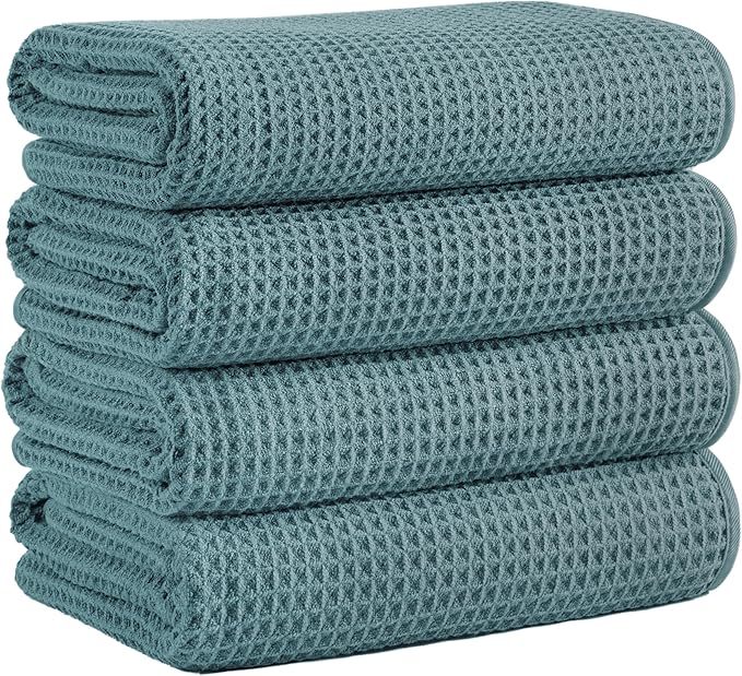 MICROFI Microfiber Waffle Bath Towels, 4 Pieces, Soft, Absorbent, Fast Drying, Lint Free 430 GSM (Green)