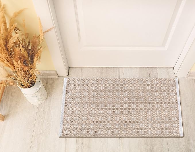 Cotton Diamond Woven Area Rug 2x3 Feet - Beige, Anti Slip Decorative Durable Boho Front Door Throw Mats Ideal for Entryway, Kitchen, Office | Teal Farmhouse Indoor Daily Use Patio Rugs for Bedroom