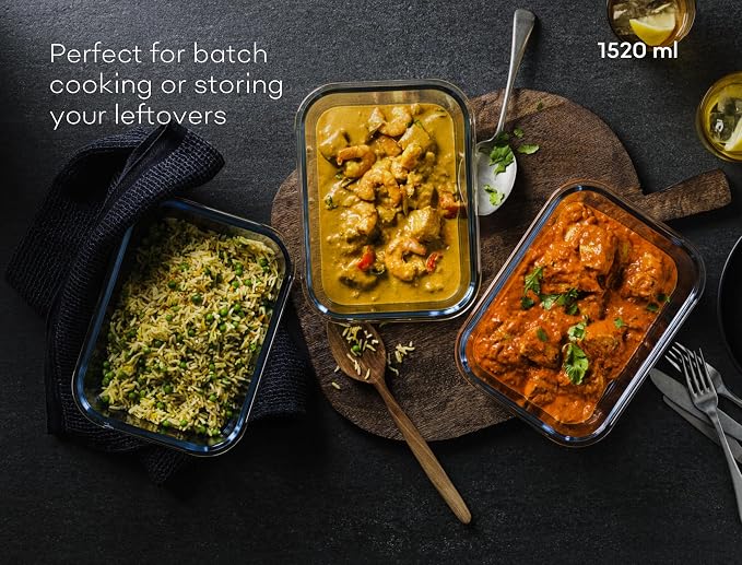 Large Glass Food Storage Containers with Lids | 3 Pack Set 52oz/6.4 cup | Glass Storage Containers with Lids |Non-Toxic & Airtight| Glass Food Containers |Oven, Freezer & Dishwasher Safe
