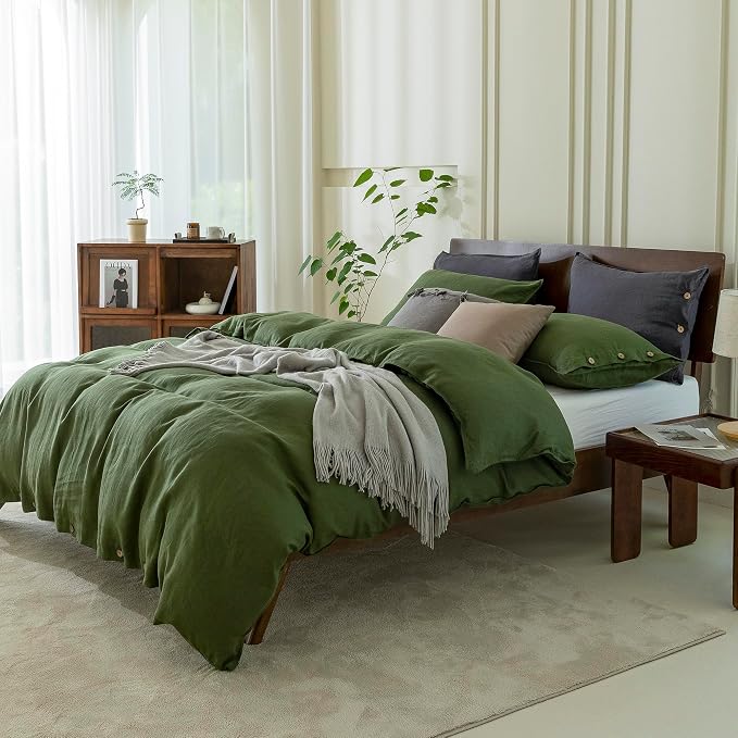 EVERLY 100% Pure Linen Duvet Cover Set California King Size 104X98Inch 3pcs (1 Duvet Cover,2 Pillowcases) Soft and Breathable with Coconut Button Closure,Suitable for Hot Sleepers-Mossy Green