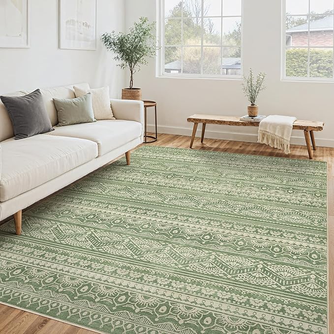 Tortania Area Rug Living Room Rugs - 6x9 Washable Large Soft Neutral Boho Moroccan Bohemian Farmhouse Rug Indoor Floor Carpet for Bedroom Under Dining Table Home Office Decor - Green