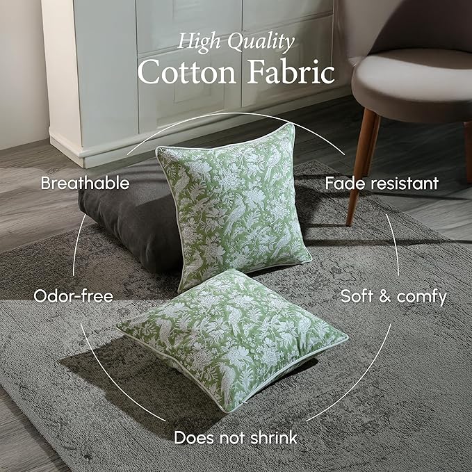CPC 100% Cotton Throw Pillow Covers 24x24 Inch, Set of 2 Green Block Print Pattern Couch Pillow, Cute Boho Decorative Pillows for Living Room, Bedroom with Hidden Zipper- Olive Green