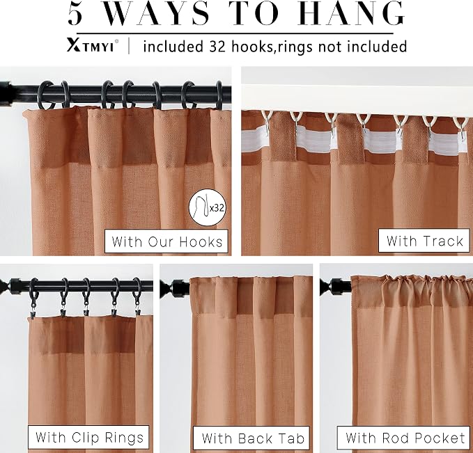 XTMYI Terracotta Country Curtains for Living Room,Sheer Linen Curtains for Bedroom 90 Inches Long,70 Inches Wide