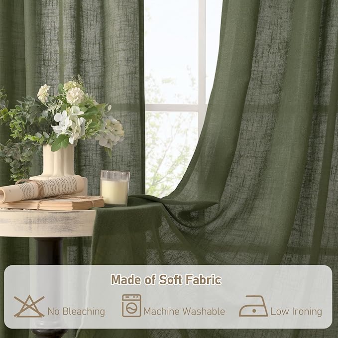 LAMIT Linen Curtains 60 Inch Length 2 Panels, Light Filtering Panels Back Tab and Rod Pocket Neutral Drapes for Bedroom/Window/Living Room, Olive Green, 34 x 60 Inch