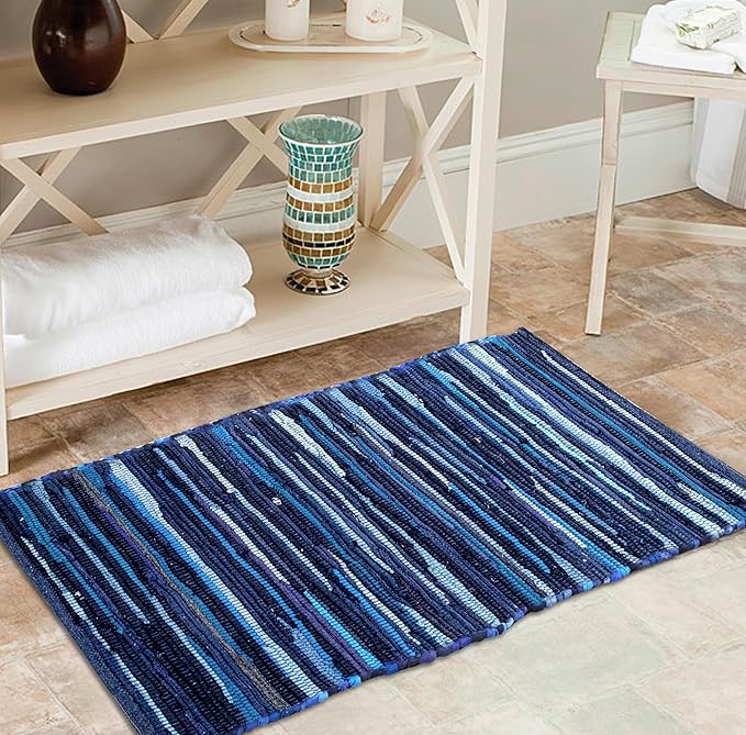 Cotton Hand Woven Chindi Rug 2x3 Feet - Navy, Durable Rectangular Small Doorway Space Rag Rugs Ideal for Entryway, Kitchen, Bedroom, Balcony | Blue Accent Reversible Floor Throw Carpet for Office