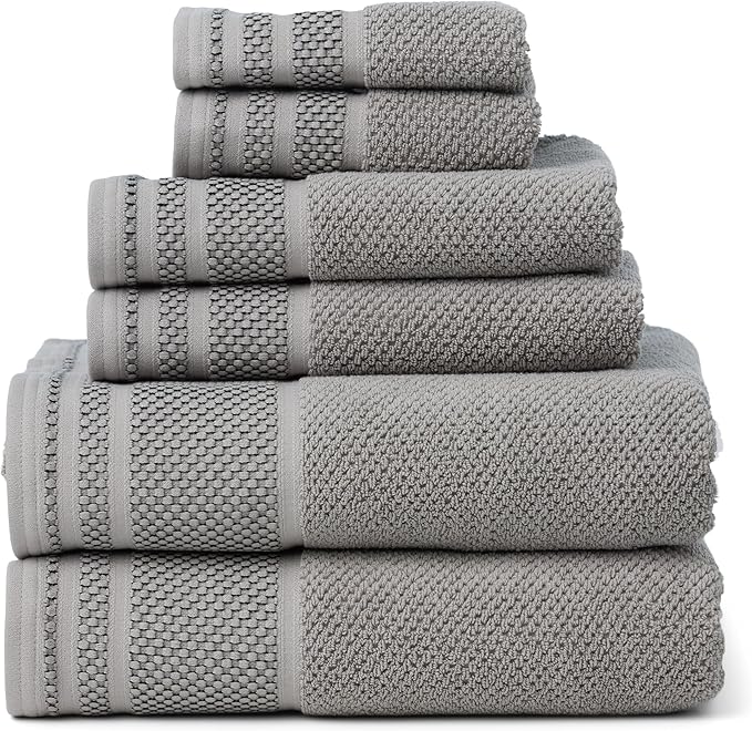 Texere 100% Organic Cotton Rice Weave Jacquard 700 GSM Luxury Bath Towel Sets - 2 Ultra Soft, Large Bath Towels, 2 Hand Towels, 2 Washcloths (Rice Weave, Cathedral Gray, 6 Piece)
