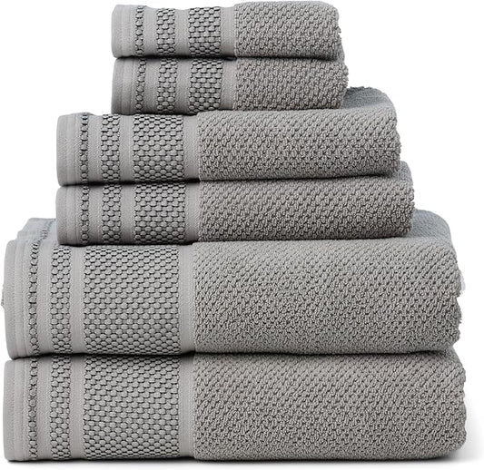 Texere 100% Organic Cotton Rice Weave Jacquard 700 GSM Luxury Bath Towel Sets - 2 Ultra Soft, Large Bath Towels, 2 Hand Towels, 2 Washcloths (Rice Weave, Cathedral Gray, 6 Piece)