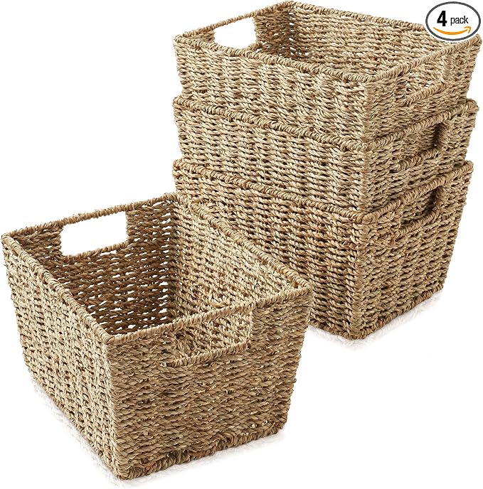Casafield Set of 4 Seagrass Hyacinth Storage Baskets with Handles - Natural, Woven Storage Bins for Shelves, Blankets, Laundry Organization