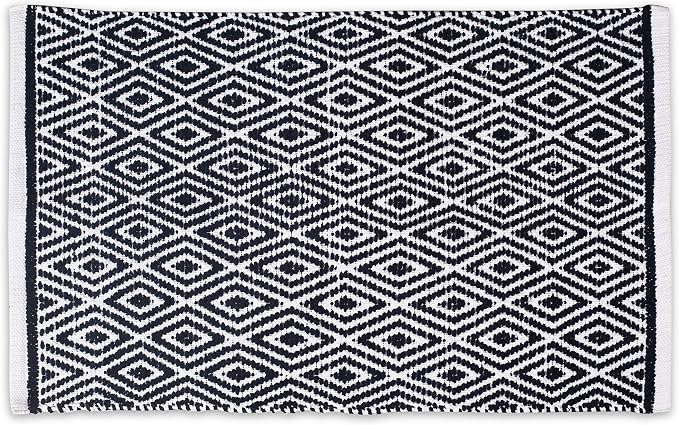 Chenille Cotton Diamond Rug 21x34 Inches - Navy, Reversible Small Soft Washable Front Door Mat Ideal for Kitchen, Entryway, Bathroom | Blue Farmhouse Boho Accent Indoor Throw Rugs for Patio