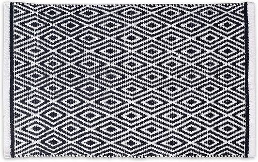 Chenille Cotton Diamond Rug 21x34 Inches - Navy, Reversible Small Soft Washable Front Door Mat Ideal for Kitchen, Entryway, Bathroom | Blue Farmhouse Boho Accent Indoor Throw Rugs for Patio