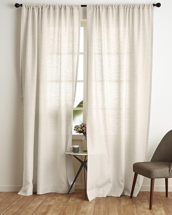 Solino Home Light Natural Linen Curtain 144 Inches Long, Light Filtering Rod Pocket Curtain 52 x 144 Inch, 100% Pure Linen European Flax Window Treatment for Living Room, Bedroom - 1 Panel