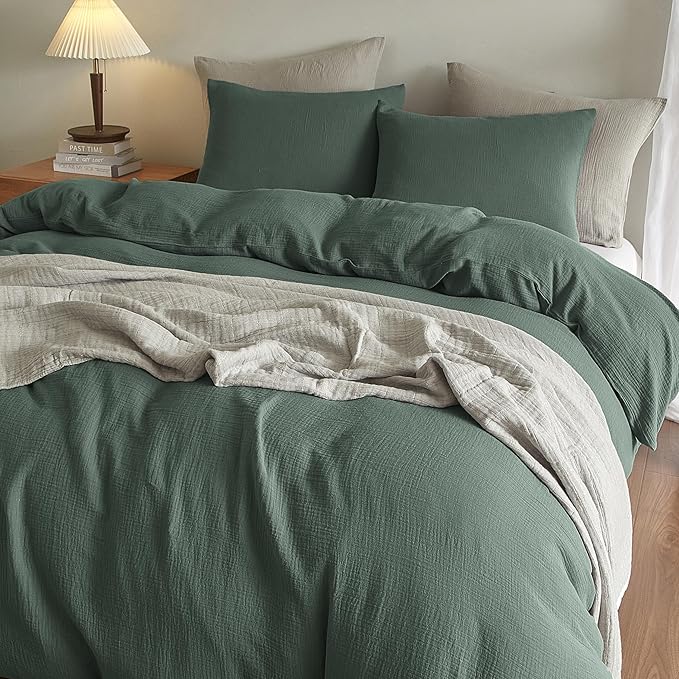 SE SOFTEXLY Muslin Duvet Cover Oversized King Size, 100% Washed Cotton Duvet Cover Set, Ultra Soft Comforter Cover Linen Like, 3 Pieces Gauze Duvet Cover with 2 Pillowcases, 98"x120", Forest Green