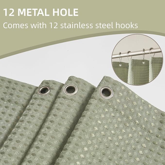 Sage Green Shower Curtain, 256GSM Heavy Duty Waffle Woven, Thick Fabric Shower Curtain for Bathroom, with 12 Stainless Steel Hooks, 72 x 72 inch, Green