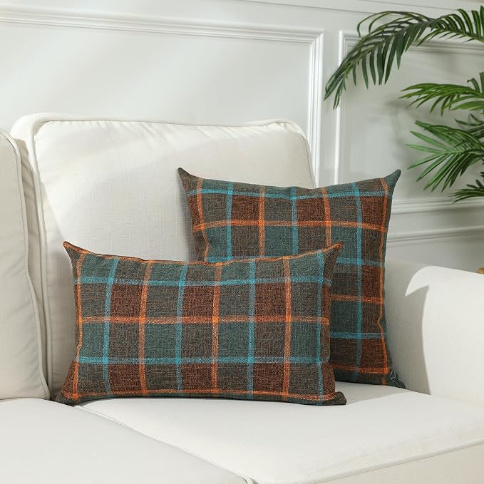 Stellhome Pack of 2 Lumbar Fall Linen Buffalo Check Throw Pillow Covers Farmhouse Plaid Cushion Cover Rustic Retro Decor for Bed Couch Sofa Bench, 12 x 20 Inch, Blue and Orange