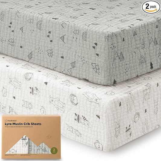 KeaBabies 2-Pack Muslin Crib Sheets for Boys, Girls - 100% Organic Cotton Fitted Baby Crib Mattress Sheet, Soft Breathable Standard Toddler Bed Cover Bedding Set, Neutral, Durable 52x28 (Woodland)