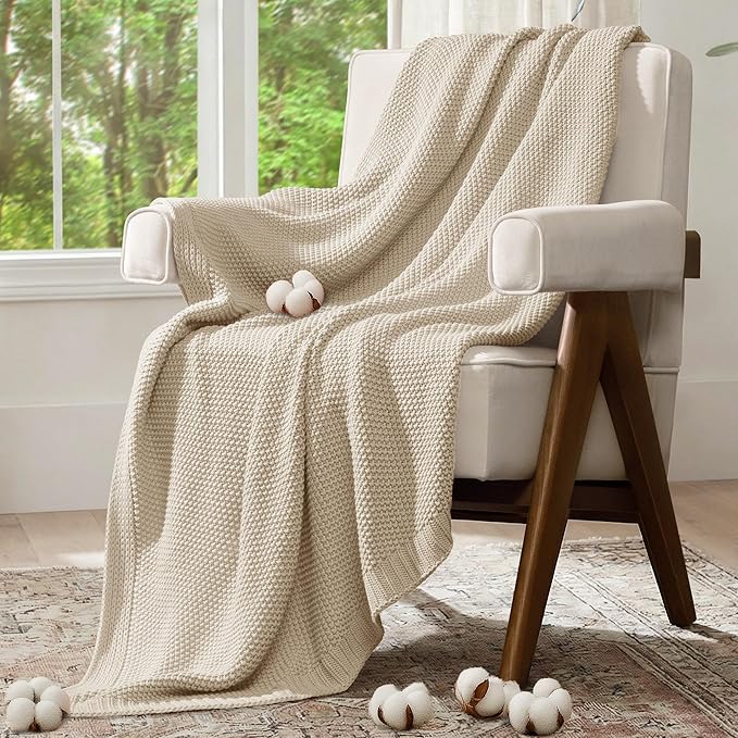 100% Cotton Cable Knit Throw Blanket, Lightweight Soft Knit Blanket for Sofa Couch Bed, Breathable All-Season Throw, Cozy Decorative Blanket, 50 x 60 Inch,Linen