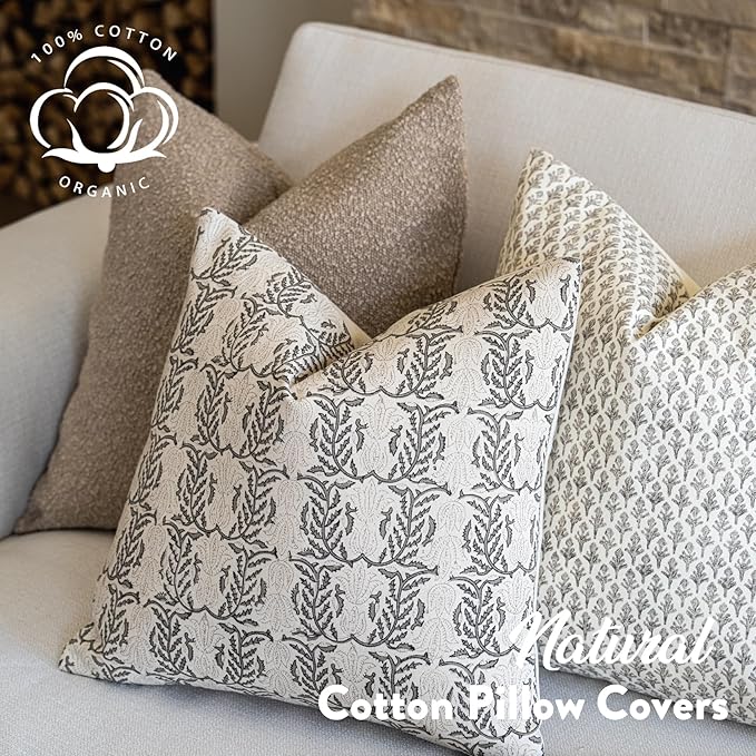 FIOUOVO Floral Throw Pillow Covers 24x24 Set of 2 Block Print Cushion Covers Farmhouse Neutral Accent Decorative Pillow Covers Home Decor for Sofa Couch Living Room Bedroom, Light Taupe