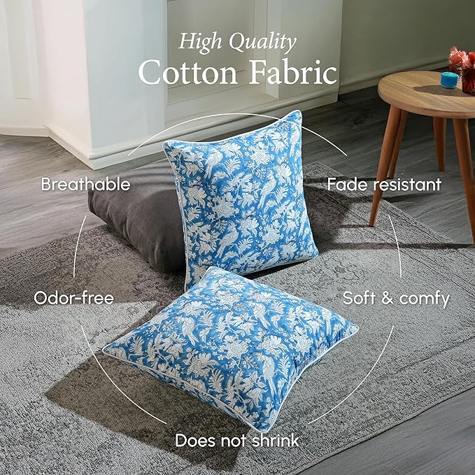 CPC 100% Cotton Throw Pillow Covers 24x24 Inch, Set of 2 Blue Block Print Pattern Couch Pillow, Cute Boho Decorative Pillows for Living Room, Bedroom with Hidden Zipper- Blue Sapphire