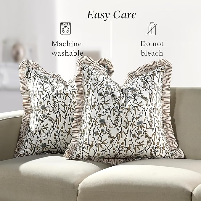 CPC Cocoa Vine Hand Block Print 100% Cotton Ruffle Throw Pillow Cover 20x20 inch with Hidden Zipper Decorative for Couch, Bed, Sofa, Farmhouse, Cottagecore Decor Gift Christmas Fall Thanksgiving