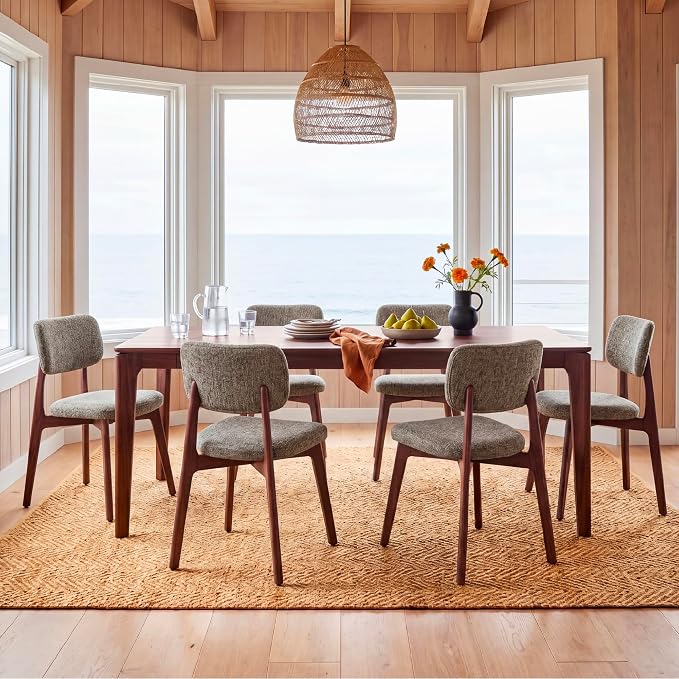 COLAMY Dining Chairs Set of 6, Modern Upholstered Kitchen Room Chairs with Solid Red Oak Wood Legs, 5-Min Easy Assembly Anti-Wobble, High-Weight Fabric Farmhouse Side Chair, 300lbs,Walnut,Brown