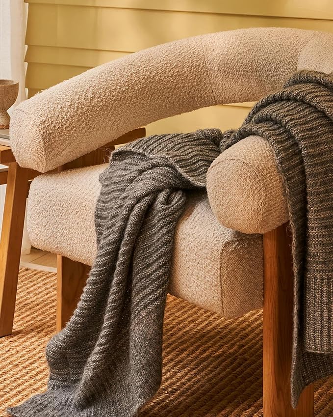 UnHide Melange Knit Blanket - 60" x 80" Textured & Ultra-Soft Wool Throw - Timeless & Breathable Knitted Blanket for Bedroom & Living Room - Silver Fox