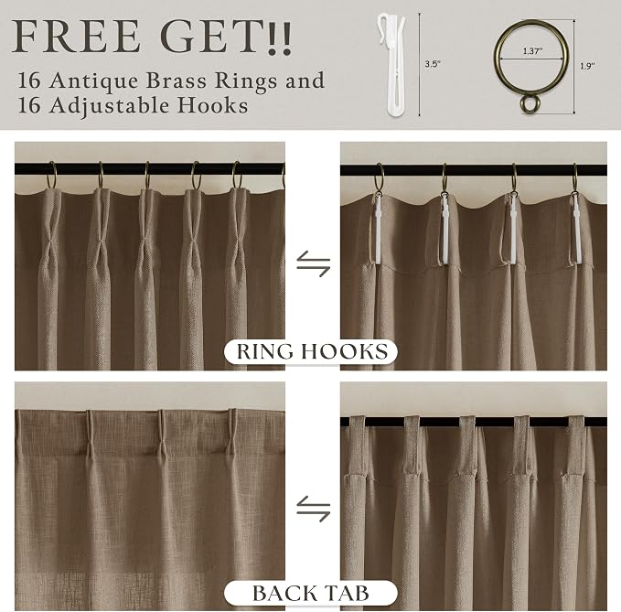 Brown Linen Pinch Pleat Curtains 108 Inches Long 2 Panels for Living Room Bedroom 9 ft Farmhouse Boho Light Filtering Pleated Drapes Semi Sheer Memory Shape Trained Ceiling Floor Curtain Dutch Cocoa