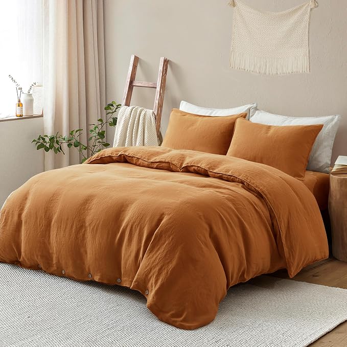 ATLINIA 100% Flax Linen Duvet Cover Set - Stone Washed Pure French Linen Organic Fabric for Farmhouse Comforter Boho Bedding Included 1 Duvet Cover 2 Pillow Shams(Rust, King)