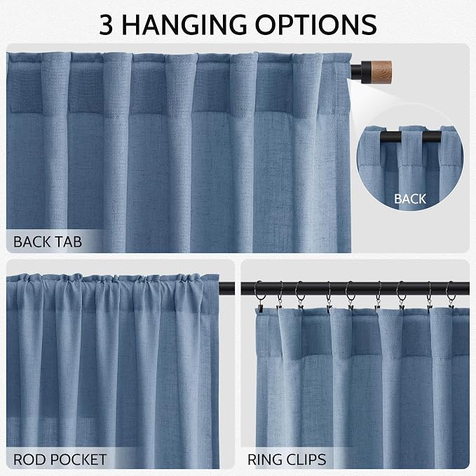 Extra Long Curtains 102 Inches for Living Room/Bedroom Stone Blue Back Tab Rod Pocket Light Filtering Semi Sheer Drapes Cotton Linen Textured Window Curtain 102 Inch for Bedroom 9 FT,2 Panels