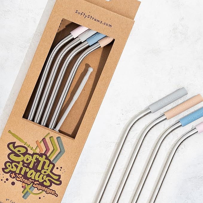 Softy Straws Premium Reusable Stainless Steel Drinking Straws With Silicone Tips + Patented Straw Cleaners and Carrying Case - 9” Long Metal With Curved Bend for 20/30/32oz Tumblers - Natural Colors