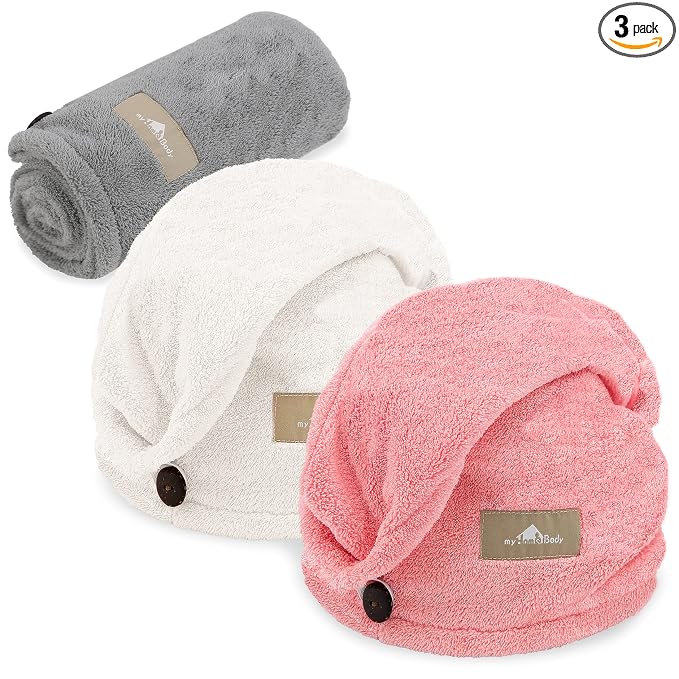 myHomeBody Hair Towel Wrap, Quick Drying Turban, Absorbent Cap – 3 Pack | Light Gray, Pink, White, Hair Turban Towel for wet hair, Ultra Soft Charcoal Fiber Cap, Towel Head Wrap for bathing