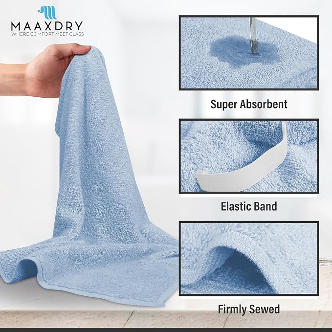 100% Cotton Hair Towel Wrap for Women, Men & Kids – Non-Microfiber 450 GSM Thick Super Absorbent Hair Towel 26x40 Inches, Secure Elastic Hair Wrap for Long & Curly Hair (Blue)