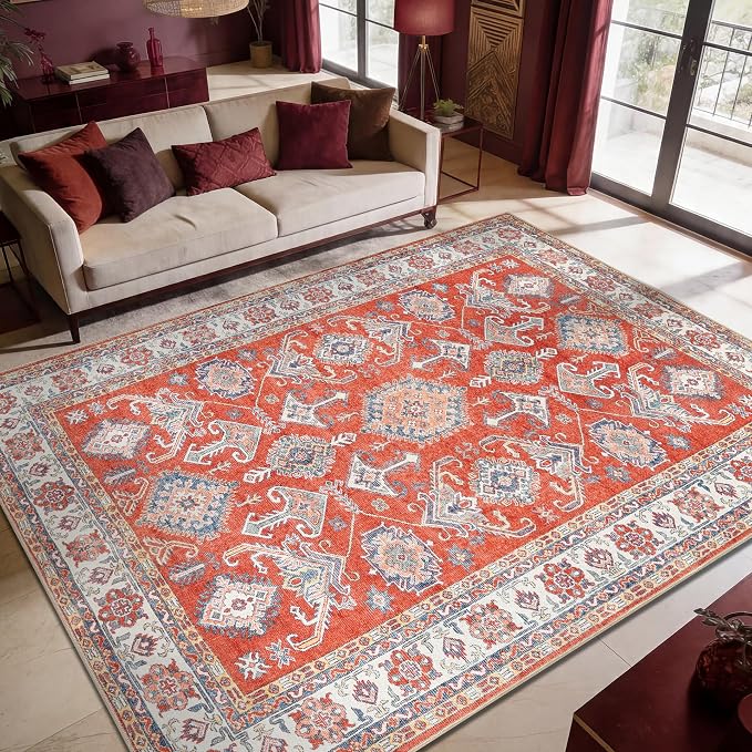 Keen Home Design 8x10 Rug - Machine Washable Area Rug with Non-Slip Backing, Ideal for Living Room, Dining Room, Bedroom - Vintage, Easy Clean, Durable, Low Pile Rug - (8' x 10')