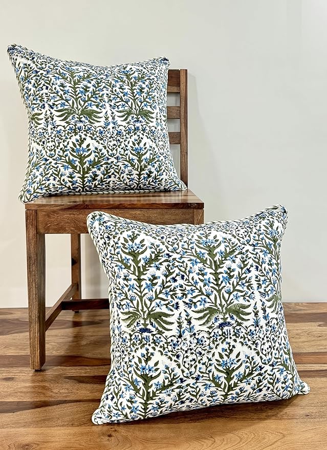 ATOSII Block Print Throw Pillow Covers, 24" X 24" - Set of 2, Decorative Couch Pillows for Living Room Bed Sofa, 100% Cotton Canvas Pillow Case for Home Decor & Outdoors, Preppy Throws - Nargis Blue