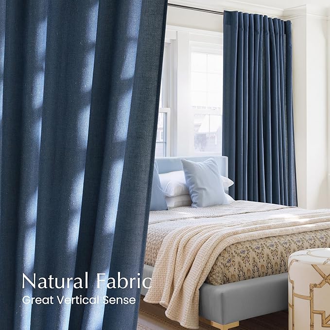 NICETOWN Navy Blue Linen Blend Living Room Curtains, Rod Pocket & Back Tab Privacy Added Thick Linen Weave with Light Filtering Window Treatments for Bedroom, W55 x L102, 2 Panels