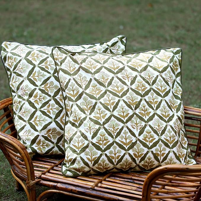 SheetKart Pure Cotton Throw Pillow Covers - Set of 2 - Hand Block Pure Cotton Printed Boho Decorative Pillow Covers - Cushion Covers for Living Room, Bohemian Theme, 18 x 18 Inches, Sagewood Olive