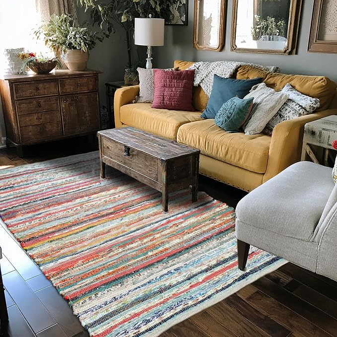 COTTON CRAFT Cotton Chindi Rag Rug - 4 x 6 ft – Handwoven Reversible Boho Farmhouse Area Rug – Multicolor Recycled Cotton Yarn Accent Carpet for Living Room, Bedroom, Entryway & Dorm Décor